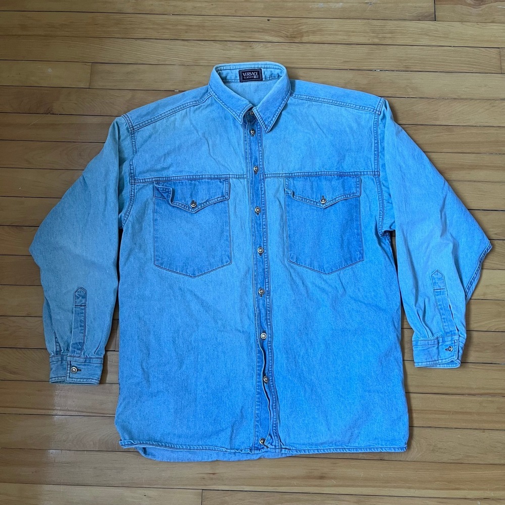 Versace Classic V2 Mens Denim Western Shirt Gold Buttons Vintage Style Blue Larg